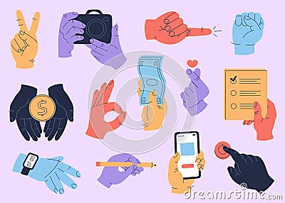 Set of colorful human hands with a different objects, clock, phone, pen, coin, banknote, camera and icons of various gestures Vector Illustration